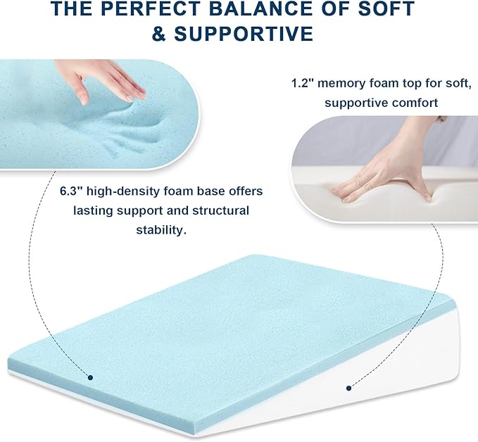 Wedge Pillow 7.5" Bed Wedge After Surgery, Back Pain Relief, Memory Foam Pillow Triangle Incline Wedge for Back Support, Leg Elevation（Light Grey）
