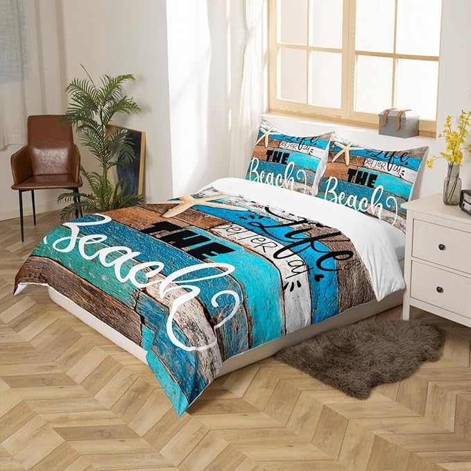 Lake House Duvet Cover Twin Size,Blue Farmhouse Barn Door Bedding Set for Kids Teens Adults Room Decor,Hawaiian Ocean Comforter Cover Starfish Sea Life Quilt Cover,1 Pillowcase,Vintage Brown