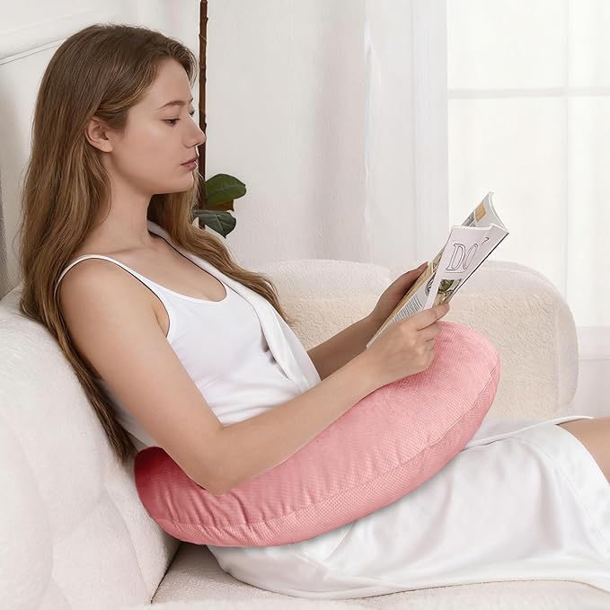 XWZO Reading Pillow for Gaming, Crocheting or Playing with Strong Arm Support, Gaming Pillow for Arm Rest When Sitting in Bed & Sofa, Lap Pillow Swen with Tiebacks and Side Pocket, Pink