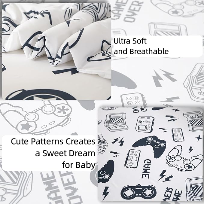SDIII 4 Piece Gamer Toddler Bedding Set, Soft Microfiber Gaming Toddler Bedding Sets for Boys with Comforter, Fitted Sheet, Flat Sheet and Pillowcase
