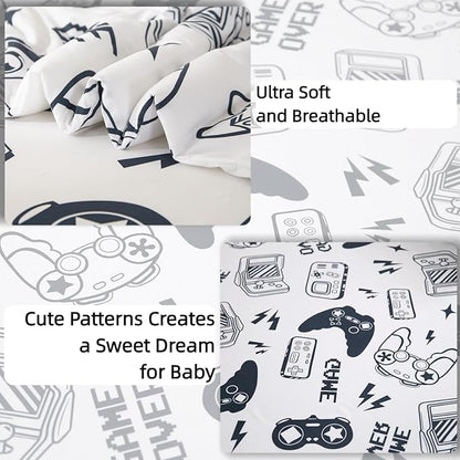 SDIII 4 Piece Gamer Toddler Bedding Set, Soft Microfiber Gaming Toddler Bedding Sets for Boys with Comforter, Fitted Sheet, Flat Sheet and Pillowcase