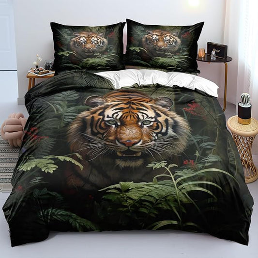 Tiger Bed Duvet Cover Sets Queen Size with 2 Pillowcases for Kids Boys Teens Adult Bedroom Decor, Animal Petal Country Bedding Decor