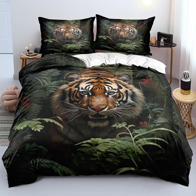 Cartoon Tiger Bed Sheets Twin Size with 1 Pillow Cases Standard Size, Fitted Flat Sheet for Kids Boys Teens Adult Bedroom Decor, Animal Bed Sheets Floral Petal Country Bedding Decor