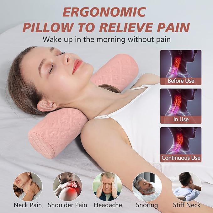 Cozyhealth Cervical Roll Pillow, Medium Soft Memory Foam Neck Round Pillow Cylinder Bolster Pillow for Sleeping, Round Neck Support for Bed, Legs, Back and Yoga (Pink, Large - 4.7" H)