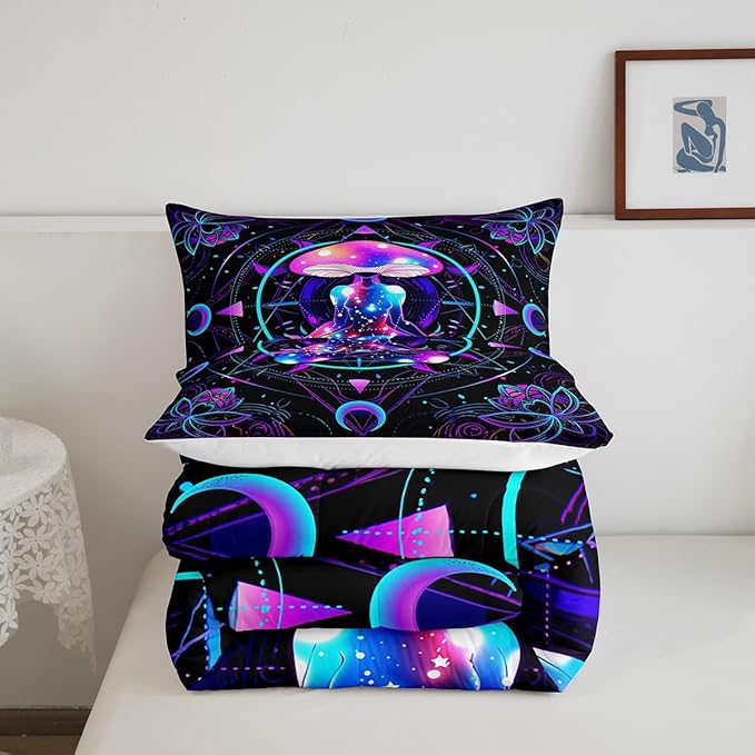 Trippy Mushroom Comforter Set King Size,Gymnastics Yoga Theme Bedding Set 3pcs,Kids Girls Adult Room Decor,Exotic Neon Purple Stars Moon Quilt Set Geometric Colorful Lines Duvet Insert,2 Pillowcases