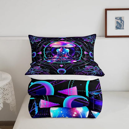 Trippy Mushroom Comforter Set King Size,Gymnastics Yoga Theme Bedding Set 3pcs,Kids Girls Adult Room Decor,Exotic Neon Purple Stars Moon Quilt Set Geometric Colorful Lines Duvet Insert,2 Pillowcases