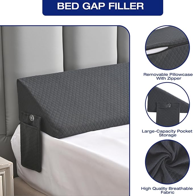 King Bed Wedge Pillow for Headboard Mattress Long Wedge Pillow Bed Bolster King Gap Filler Nora Pillows for Dorm Sleeping Backest Home Decor RV House Accessories Hotel Must Haves Grey
