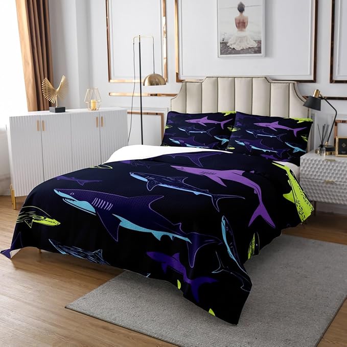 Erosebridal Shark Coverlet Set Cartoon Shark Bedspread Quilt Set Sea Animal Bedspread for Kids Girls Boys, Soft Microfiber Quilted Decorative 2 Pieces Twin Size, Dark Navy