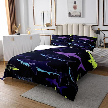Erosebridal Shark Coverlet Set, Cartoon Shark Bedding Quilted Sea Animal Bedspread for Kids Girls Boys, Soft Microfiber Decorative 3 Pieces King Size, Dark Navy
