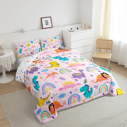 Feelyou Girls Pink Dinosaur Toddler Bedding Sets Twin Size Purple Green Dinosaurs Comforter Set Cute Cartoon Dino Rainbow Down Comforter Quilt Kids Room Decor Reversible Stars Bed Set for All Seasons
