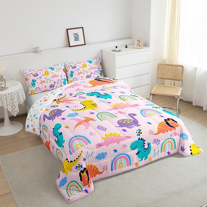 Feelyou Girls Pink Dinosaur Bedding Sets Toddler Size Purple Green Dinosaurs Comforter Set Cute Cartoon Dino Rainbow Down Comforter Quilt Kids Room Decor Reversible Stars Bed Set for All Seasons