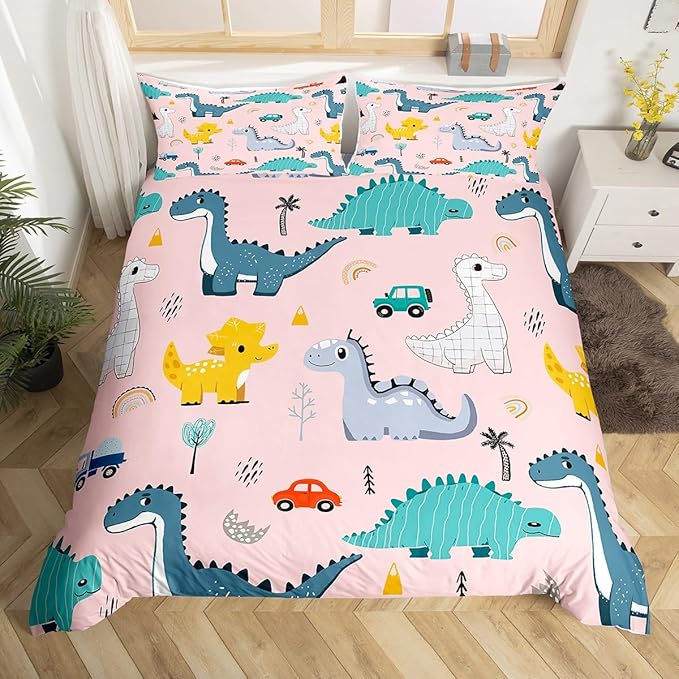 Cute Dino Kids Duvet Cover Queen Size,Cartoon Cars Dinosaur Rainbow Print Duvet Cover Set for Children Adult,Kawaii Animal Vehicle Drawn Pink Soft Comforter Cover for Dorm Room, Zipper, Ties