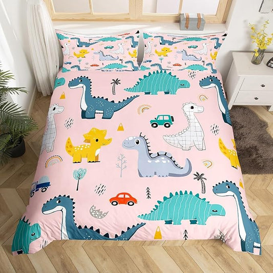 Cute Dino Kids Bedding Set King Size for Teens,Cartoon Cars Dinosaur Rainbow Print Comforter Cover with 2 Pillowcases,Kawaii Animal Vehicle Drawn Pink Duvet Cover Set Microfiber Quilt Cover