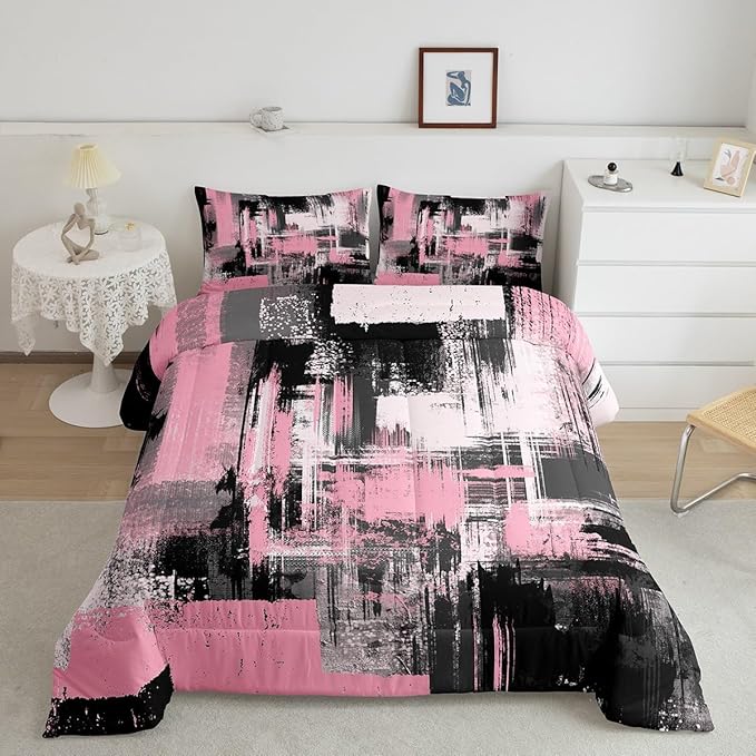 Feelyou Pink Black Abstract Duvet Quilt Queen Size Geometric Bedding Set for Kids Boys Girls Decor Modern Comforter Set Breathable Soft Lightweight Microfiber Buffalo Check Bedroom Decor Bedclothes