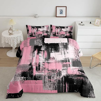 Feelyou Pink Black Abstract Duvet Quilt Queen Size Geometric Bedding Set for Kids Boys Girls Decor Modern Comforter Set Breathable Soft Lightweight Microfiber Buffalo Check Bedroom Decor Bedclothes