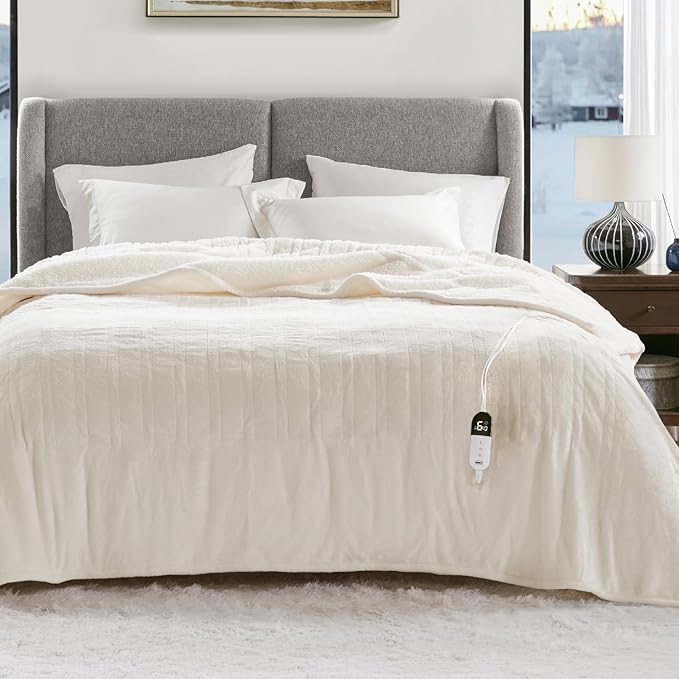 Degrees of Comfort Electric Blanket Twin Size - Soft Sherpa Flannel Heated Blankets - 6 Heat Settings, 10-Hour Auto Shut-Off, Overheat Protection, Etl Certified - 62x84'', Ivory
