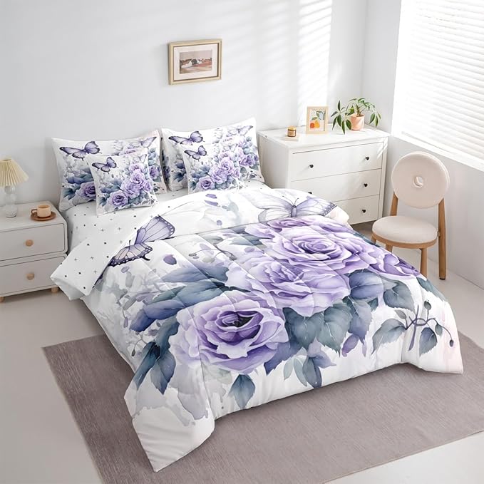 Feelyou Light Purple Rose 7 Piece Bedding Set King Size Butterfly Comforter Set with Sheets for Women Girls Teens Floral Flower Bed in a Bag Romantic Bed Set