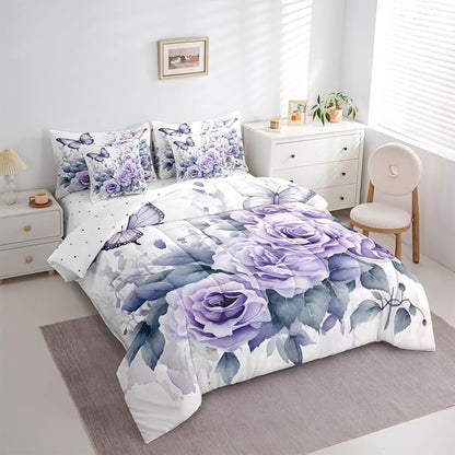 Feelyou Light Purple Rose 7 Piece Bedding Set King Size Butterfly Comforter Set with Sheets for Women Girls Teens Floral Flower Bed in a Bag Romantic Bed Set