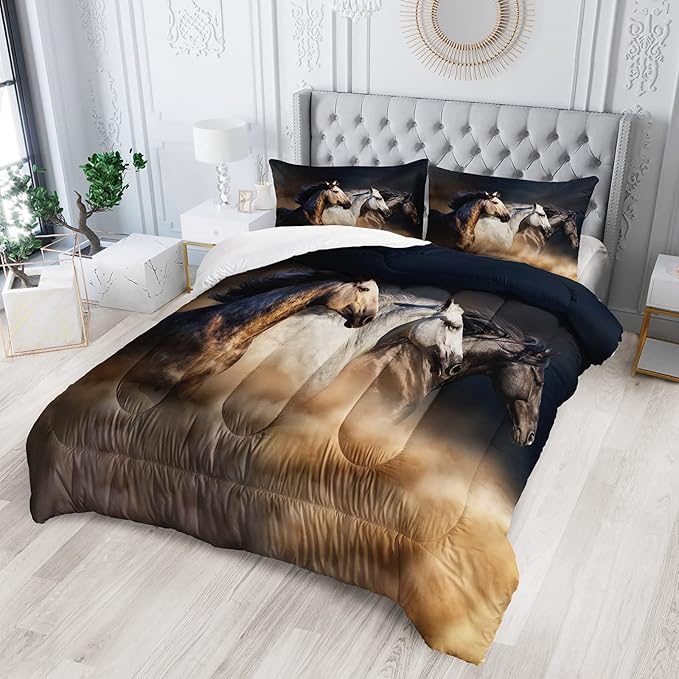 QOOMO Horse Comforter Full Size,Galloping Horse Bedding Set for Kids Teens Girls Boys,3Pcs Bedding Set Printed Comforter with 2 Pillowcases,Soft and Lightweight，Full Size