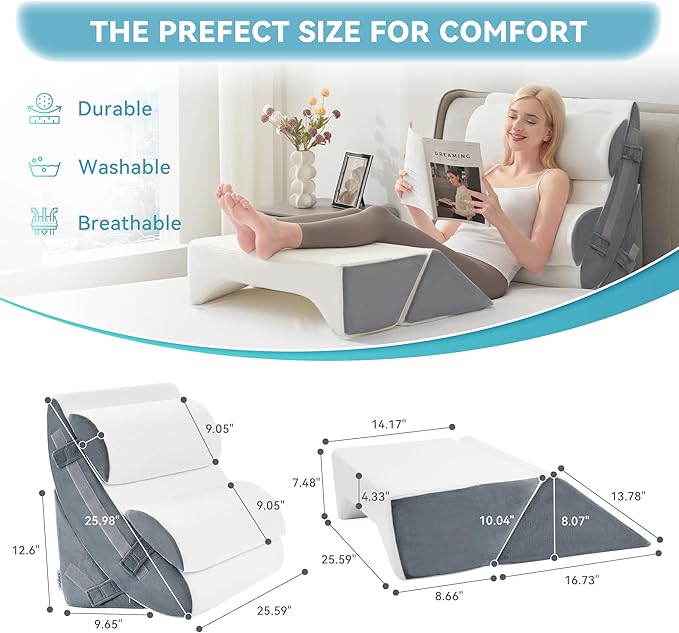 Kingfun 6pcs Orthopedic Bed Wedge Pillow Set for Sleeping, Memory Foam for Sleeping,Breathable Triangle Pillow Wedge, Post Surgery Memory Foam for Back, Leg Pain Relief, Sitting