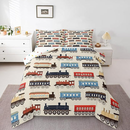 Erosebridal Cute Train Bedding Gifts for Kids Boys Funny Trains Car King Comforter Set Vintage Smoking Steam Engine Bed Set for Toddler Nursery Birthday Decor Down Comforter for All Seasons