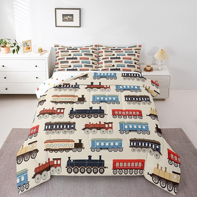 Erosebridal Cute Train Bedding Gifts for Kids Boys Funny Trains Car Twin Comforter Set Vintage Smoking Steam Engine Bed Set for Toddler Nursery Birthday Decor Down Comforter for All Seasons