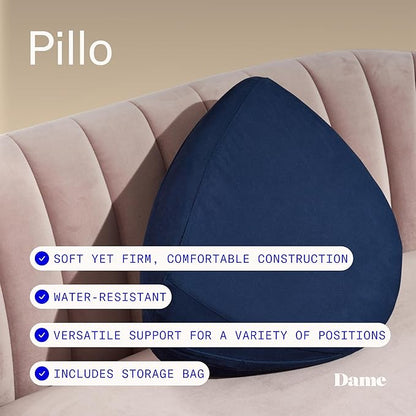 Dame Products Triangle Wedge Pillow for Couples - Support Cushion for Intimacy & Body Alignment - Bed Positioning Pillow with Washable Cover & Waterproof Liner - Indigo Color