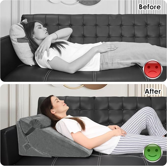Bed Wedge Pillow Set for Post Surgery, 3PCS Wedge Pillow for Acid Reflux Relief, Adjustable 7 &12 inch for Sleeping, Headboard, Back Pain Relief, Back Pillow for Bed Sitting Up, Grey