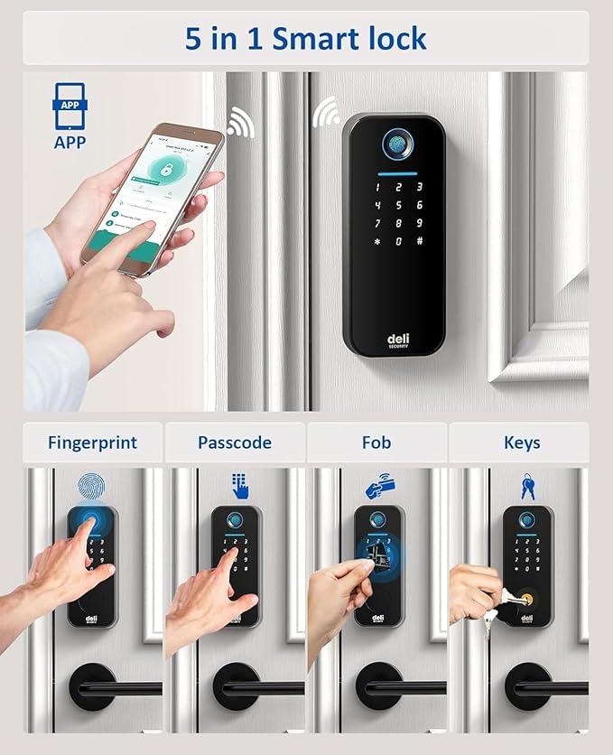 Smart Deadbolts Lock, Bluetooth Fingerprint Door Lock,5 in 1 Keyless Entry Door Lock with App Control,Electronic Touchscreen Keypad,Easy Installation,IP65,Matte Black