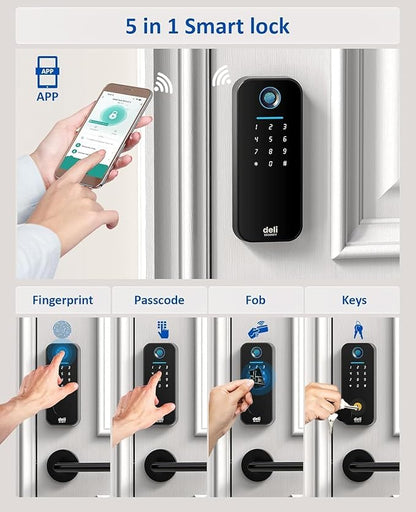 Smart Deadbolts Lock, Bluetooth Fingerprint Door Lock,5 in 1 Keyless Entry Door Lock with App Control,Electronic Touchscreen Keypad,Easy Installation,IP65,Matte Black