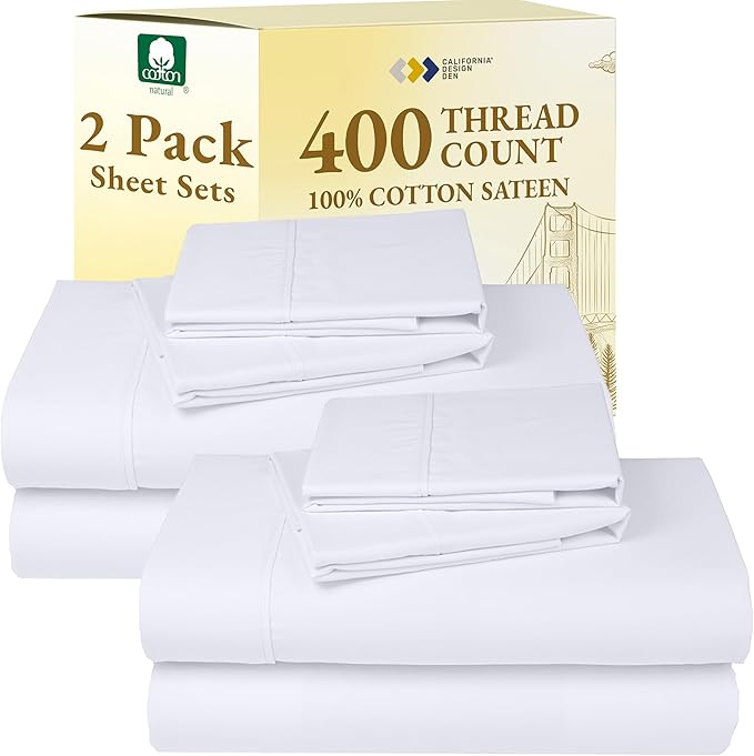 California Design Den 2-Pack Sheet Sets King Size - 400 Thread Count 100% Cotton Sateen - Soft and Breathable Sheets, 2 Sets of Deep Pocket Bed Sheets - Bright White