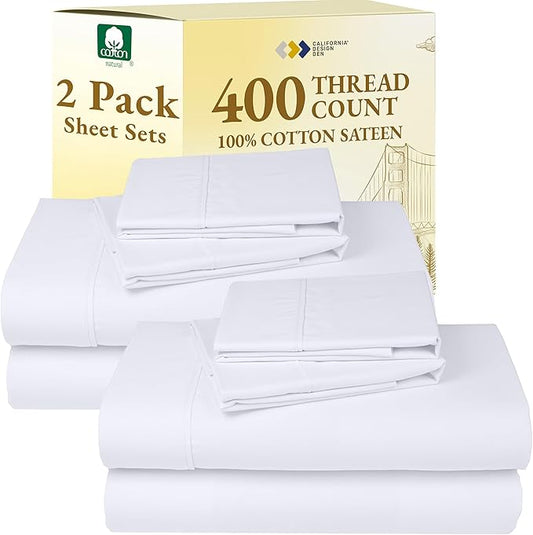 California Design Den 2-Pack Sheet Sets King Size - 400 Thread Count 100% Cotton Sateen - Soft and Breathable Sheets, 2 Sets of Deep Pocket Bed Sheets - Bright White