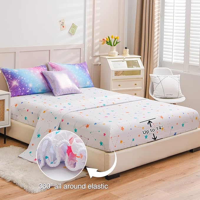 A Nice Night 6Pcs Gradient Glitter Bedding Set for Girls Full Size, Colorful Rainbow Galaxy Comforter Set, Ultra Soft Bedding Sets, Purple