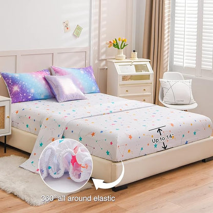 A Nice Night 6Pcs Gradient Glitter Bedding Set for Girls Full Size, Colorful Rainbow Galaxy Comforter Set, Ultra Soft Bedding Sets, Purple