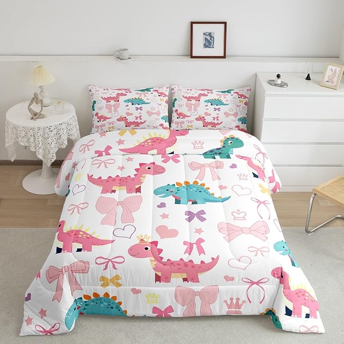 Cute Dino Kids Comforter Set Twin Size,Kawaii Bowknot Heart Princess Style Reversible Bedding Set for Teens Bedroom,Pink Blue Dinosaur Cartoon Animal Quilted Duvet with 1 Pillowcase