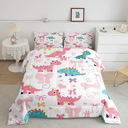 Cute Dino Kids Comforter Set Twin Size,Kawaii Bowknot Heart Princess Style Reversible Bedding Set for Teens Bedroom,Pink Blue Dinosaur Cartoon Animal Quilted Duvet with 1 Pillowcase