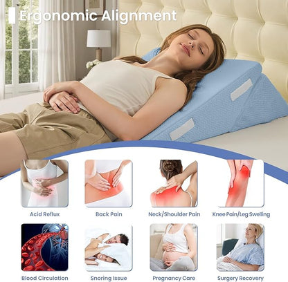 Sasttie Wedge Pillow for After Surgery, Adjustable Bed Wedge Pillow Headboard for Acid Reflux, Sleeping, Neck & Back Support, with Removable Cover, Blue