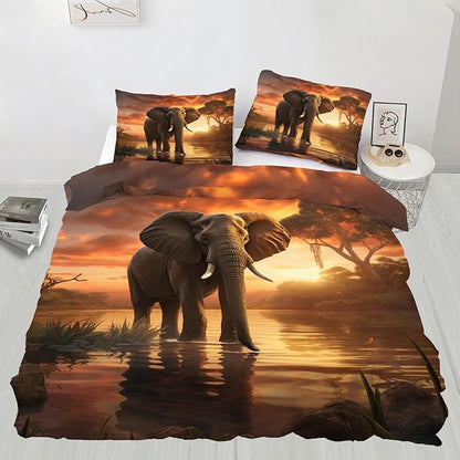 Elephant Duvet Cover Full Size, African Wildlife Bedding Set 3 Piece Bedroom Decor Sunset Lake Elephant Comforter Cover with Zipper Ties & 2 Pillowcases
