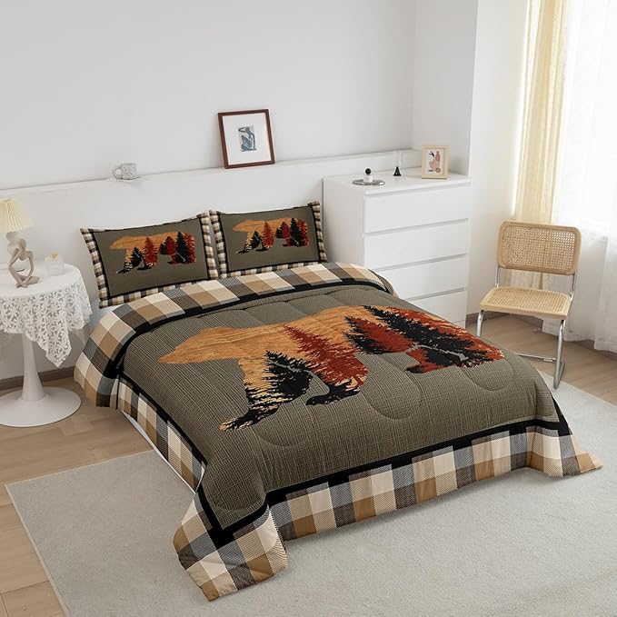 Feelyou Cute Bear Comforter Set Wild Animal Pattern Bedding Set for Teens Nature Wildlife Bear Bedding Set Western Farmhouse Orange Grey Duvet Set Room Decor Full Size Duvet Set 3Pcs