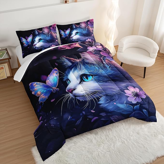Kids Cat Comforter Set Twin Size,Fantasy Cats Butterfly Flowers Bedding Set for Kids Girls Kawaii Room Decor,Cute Little Animal Themed Toddler Bedding Set with 2 Pillowcases.