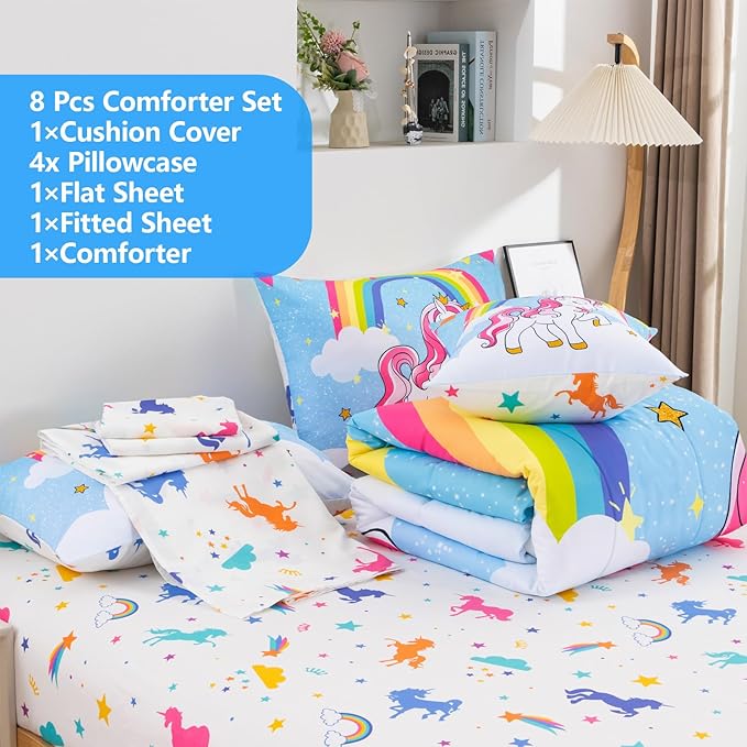 Unicorn Queen Bedding Sets for Girls Kids Teens, 8 Piece Bed in a Bag Purple Rainbow Theme Unicorn Comforter Set Bedroom Decor with Printed Sheet Set