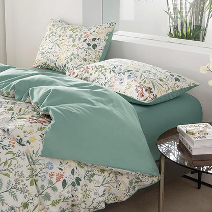 Duvet Cover Queen Size Floral 100% Brushed Microfiber 3 Pieces Fresh Garden Green Wildflower Botanical Floral Pattern Printed Queen Flower Duvet Cover with Zipper Closure