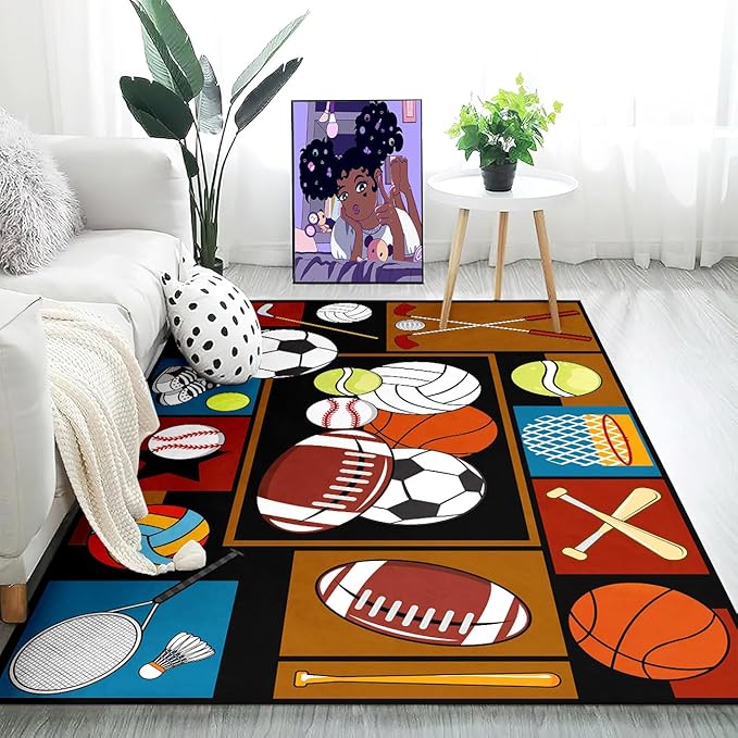 Sports Rugs for Boys Bedroom - Basketball Rug for Boys Bedroom Kids Carpet Sports Theme Basketball, Soccer, Baseball Carpet for Living Room Floor Mat Welcome Mat, 4.5x6 Feet