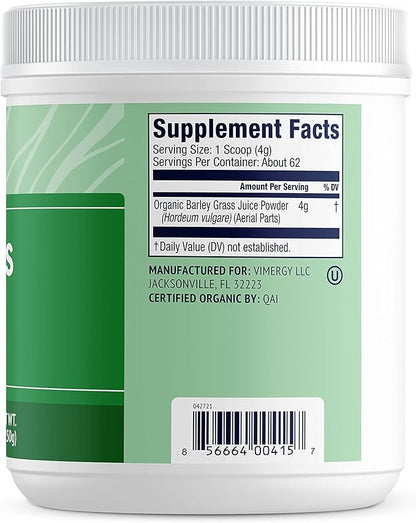 Vimergy Barley Grass Juice Powder Dietary Supplement - 0.8g per Serving (312 Servings) – Clean Superfood Formula – Promotes Cardiovascular Health* – Organic, Vegan & Gluten-Free – Regular Size 250g