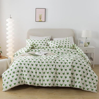 Caressma Sage Green Comforter Set King Size 3 Pieces, All Season Fluffy Soft Lightweight Bedding Set with Cute Heart(1 Comforter & 2 Pillowcases)