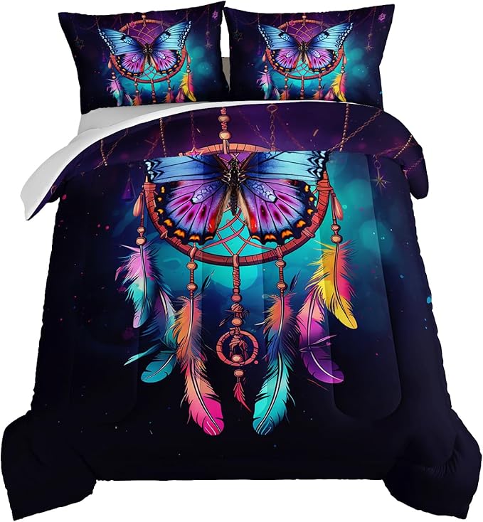HOSIMA Dream Catcher Comforter Set 3Pcs,Indian Hippie Feather Twin Comforter Boho Chic Bedding Set for Teens Adults Girls Room Decor Native American Gypsy Butterfly Comforter.