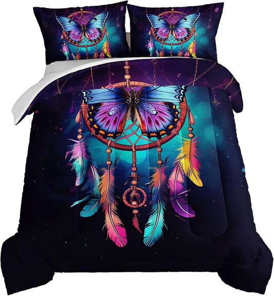 HOSIMA Dream Catcher Comforter Set 3Pcs for Teens Adults Girls Room Decor,Boho Comforter Set Queen Size Bed Native American Gypsy Butterfly Bedding Indian Hippie Feather Comforter.