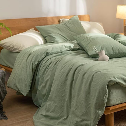 Green Duvet Cover King, 100% Washed Cotton Linen Like Textured Solid Casual Modern Style Sage Green Bedding Set, with Zipper Closure, Luxury Soft Relaxed Feel Natural Wrinkled Comfy (3pcs, King)
