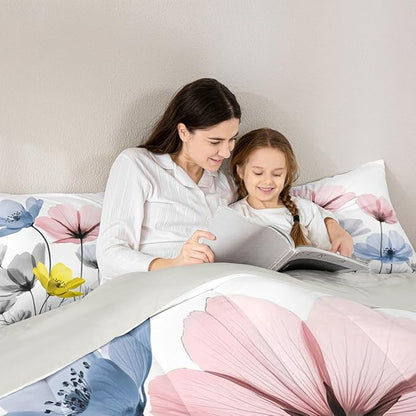 Erosebridal Cute Colorful Floral Toddler Bedding Set,Pink Blue Grey Flower Comforter Set for Kids Girls Boys,Boho Flowers Wildflower Quilt Country Bedroom Decor with 1 Pillowcase,Breathable