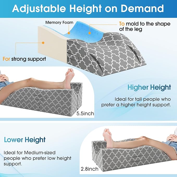 CloudBliss Leg Pillow, Leg Elevation Pillow for After Surgery, Adjustable Memory Foam with Ice Sick Cover, Wedge Pillow for Blood Circulation, Knee Pillows for Back Knee Grey
